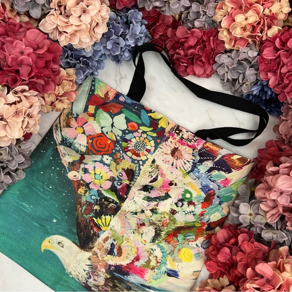 Eco-Friendly Colorful Flower Bald Eagle Folding Tote Bag - Picture 4 of 15